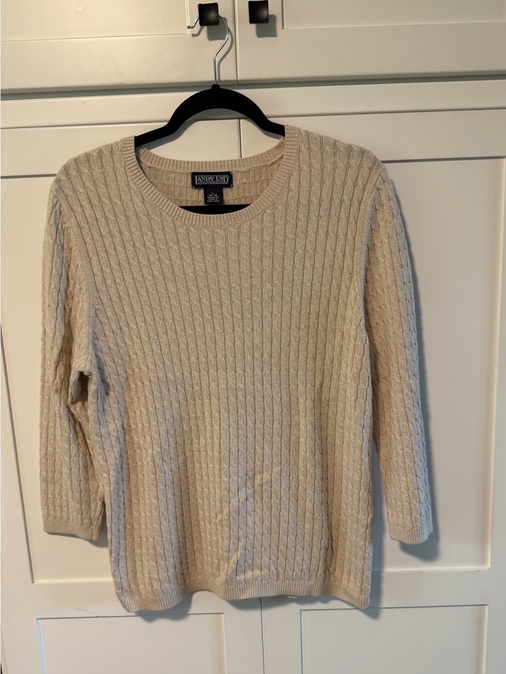 Vintage Lands' End Oatmeal Cable-Knit Crewneck Sweater 3/4 Sleeve